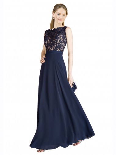 Blu marino scuro Linea A Illusione Chiffona Pizzo Lunga Abiti da damigella donore / Abiti da ballo Basso Prezzo
