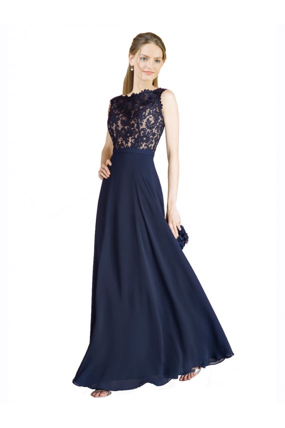 Blu marino scuro Linea A Illusione Chiffona Pizzo Lunga Abiti da damigella donore / Abiti da ballo Basso Prezzo