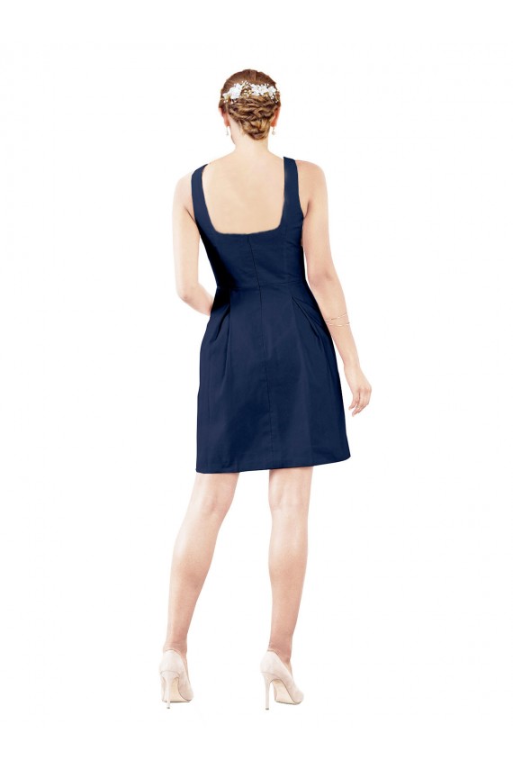 Blu marino scuro Linea A Scollatura a V Al ginocchio Raso Corto Abiti da damigella donore / Abiti da cocktail Basso Prezzo
