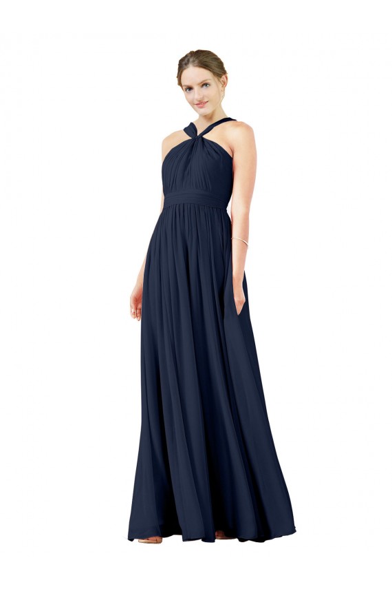 Blu marino scuro Linea A Scollatura a V Chiffona Lunga Abiti da damigella donore Basso Prezzo