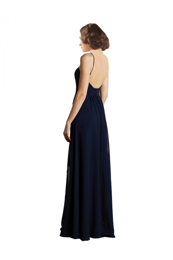 Blu marino scuro Linea A Scollatura a V Chiffona Lunga Abiti da damigella donore Basso Prezzo