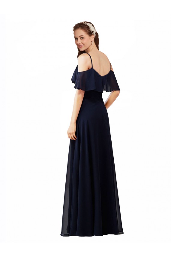 Blu marino scuro Linea A Scollatura a V Chiffona Lunga Abiti da damigella donore Basso Prezzo