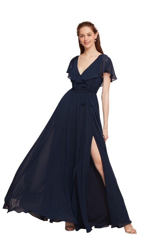Blu marino scuro Linea A Scollatura a V Chiffona Lunga Abiti da damigella donore Basso Prezzo