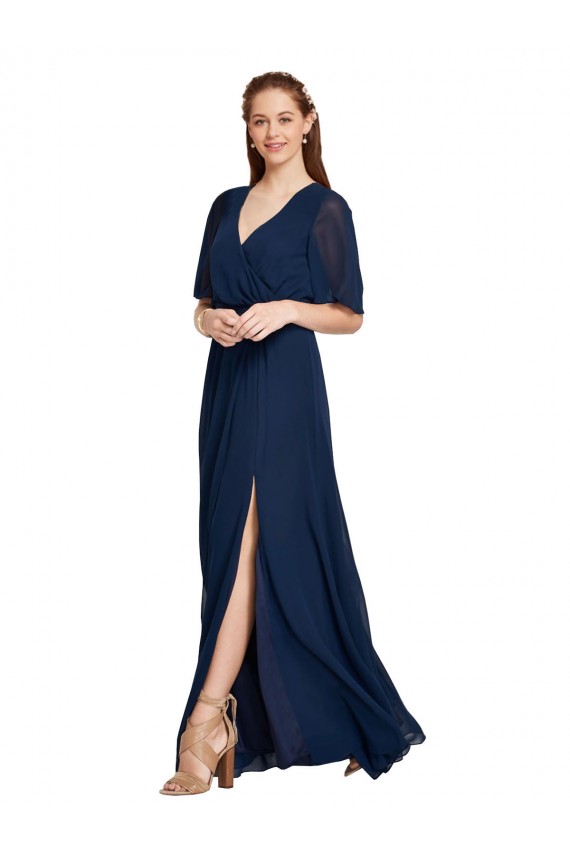 Blu marino scuro Linea A Scollatura a V Chiffona Lunga Abiti da damigella donore Basso Prezzo
