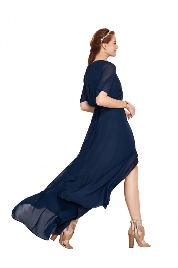 Blu marino scuro Linea A Scollatura a V Chiffona Lunga Abiti da damigella donore Basso Prezzo
