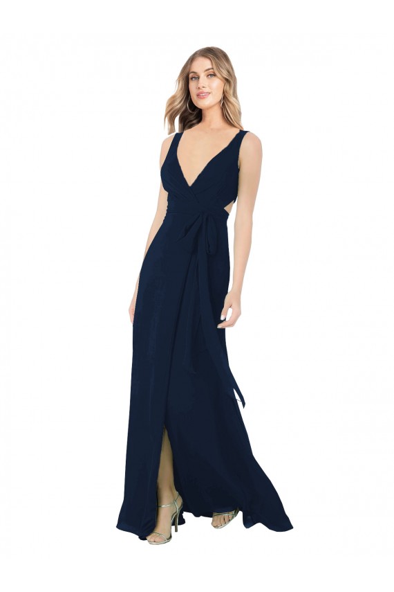 Blu marino scuro Linea A Scollatura a V Chiffona Lunga Abiti da damigella donore Basso Prezzo