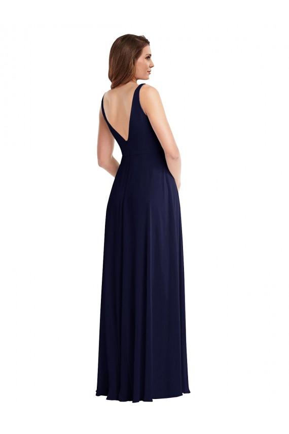 Blu marino scuro Linea A Scollatura a V Chiffona Lunga Abiti da damigella donore Basso Prezzo