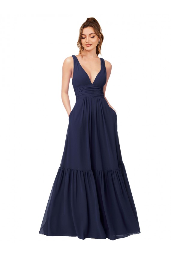 Blu marino scuro Linea A Scollatura a V Chiffona Lunga Abiti da damigella donore Basso Prezzo