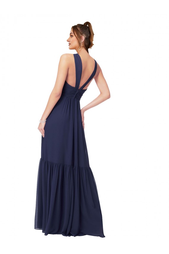 Blu marino scuro Linea A Scollatura a V Chiffona Lunga Abiti da damigella donore Basso Prezzo