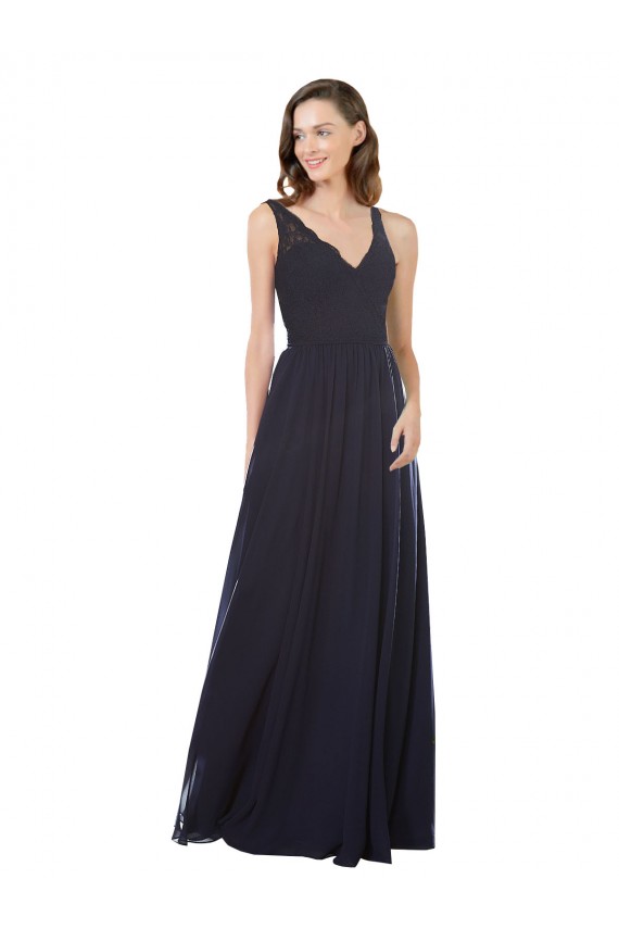 Blu marino scuro Linea A Scollatura a V Chiffona Pizzo Lunga Abiti da damigella donore Basso Prezzo