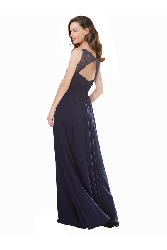 Blu marino scuro Linea A Scollatura a V Chiffona Pizzo Lunga Abiti da damigella donore Basso Prezzo
