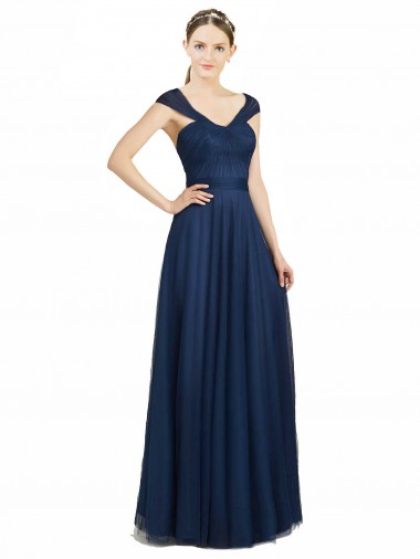 Blu marino scuro Linea A Scollatura a V Innamorato Tulle Lunga Abiti da damigella donore Basso Prezzo