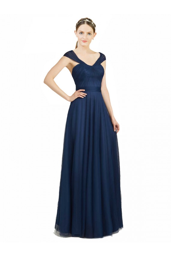 Blu marino scuro Linea A Scollatura a V Innamorato Tulle Lunga Abiti da damigella donore Basso Prezzo