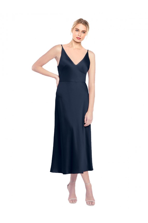 Blu marino scuro Linea A Scollatura a V Midi Raso Elastico Corto Abiti da damigella donore / Abiti da sera / Abiti da cocktail Basso Prezzo