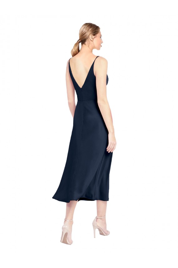 Blu marino scuro Linea A Scollatura a V Midi Raso Elastico Corto Abiti da damigella donore / Abiti da sera / Abiti da cocktail Basso Prezzo