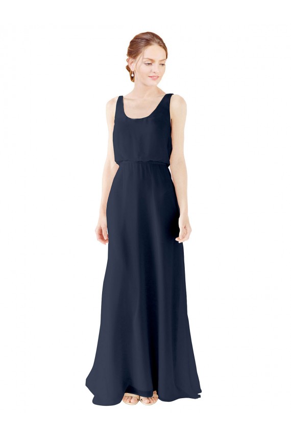 Blu marino scuro Linea A Scoop Chiffona Lunga Abiti da damigella donore Basso Prezzo