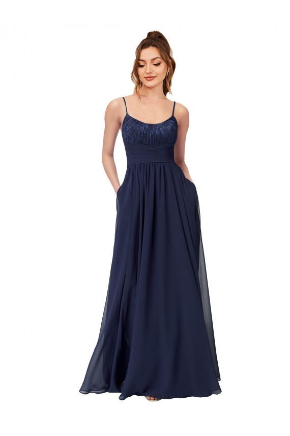 Blu marino scuro Linea A Scoop Chiffona Pizzo Lunga Abiti da damigella donore Basso Prezzo