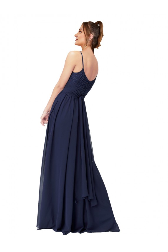 Blu marino scuro Linea A Scoop Chiffona Pizzo Lunga Abiti da damigella donore Basso Prezzo