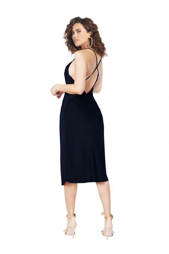 Blu marino scuro Linea A Sottili Cappuccio Midi Raso Setoso Corto Abiti da damigella donore / Abiti da sera / Abiti da cocktail Basso Prezzo