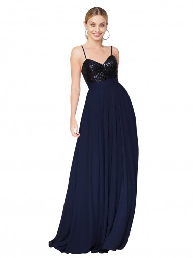Blu marino scuro Linea A Sottili Chiffona Paillettes Lunga Abiti da damigella donore / Abiti da ballo Basso Prezzo