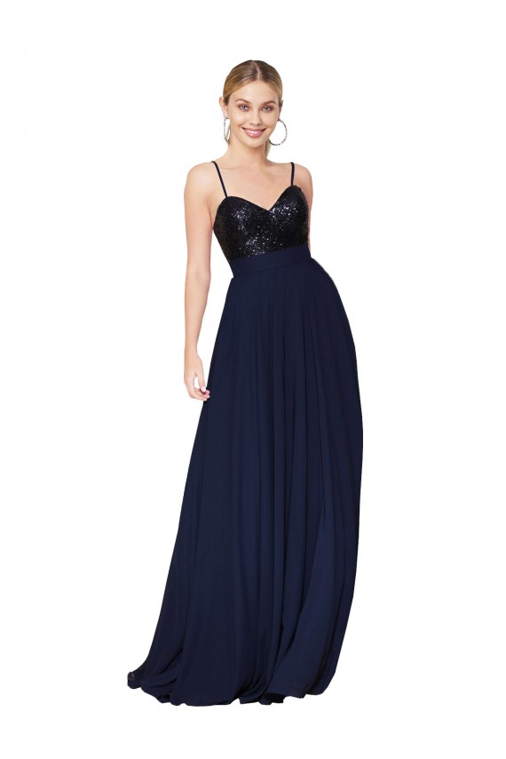 Blu marino scuro Linea A Sottili Chiffona Paillettes Lunga Abiti da damigella donore / Abiti da ballo Basso Prezzo