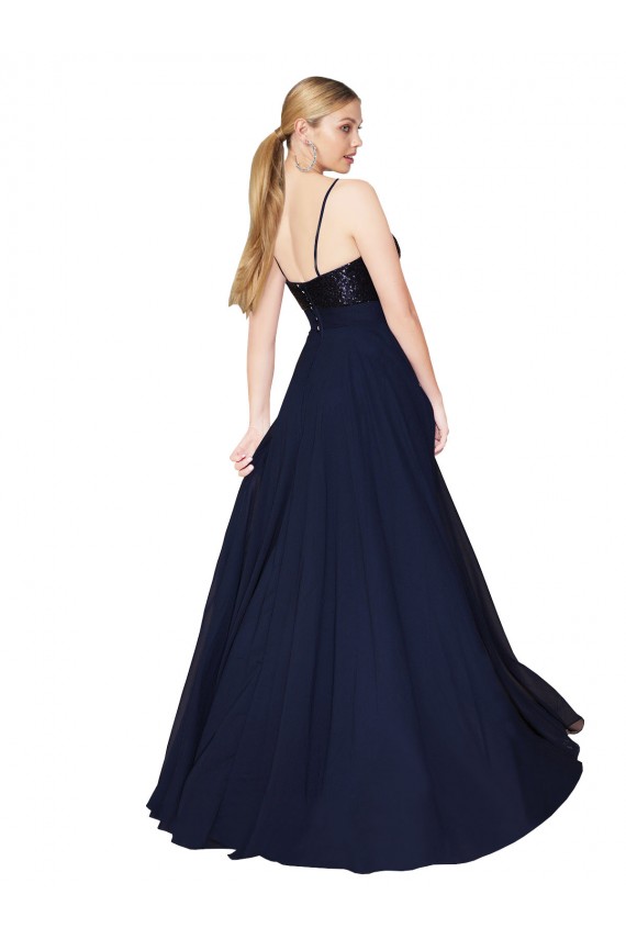 Blu marino scuro Linea A Sottili Chiffona Paillettes Lunga Abiti da damigella donore / Abiti da ballo Basso Prezzo