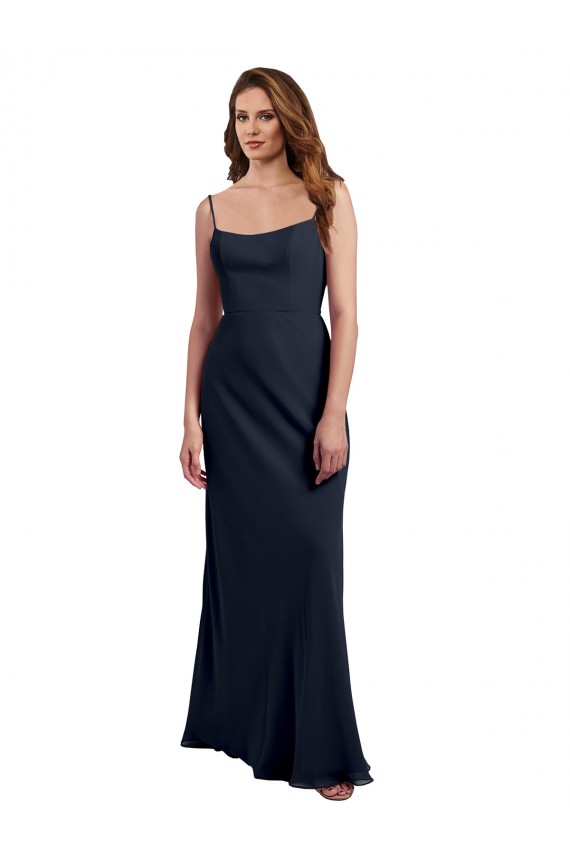 Blu marino scuro Linea A Sottili Scoop Chiffona Lunga Abiti da damigella donore Basso Prezzo