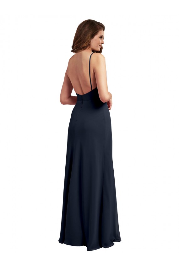 Blu marino scuro Linea A Sottili Scoop Chiffona Lunga Abiti da damigella donore Basso Prezzo