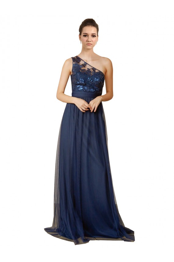 Blu marino scuro Linea A Una spalla Sweep treno Tulle Lunga Abiti da damigella donore Basso Prezzo