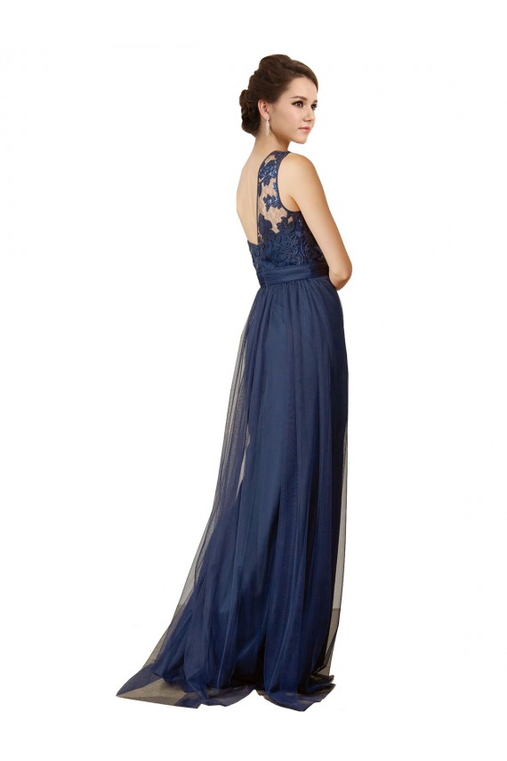 Blu marino scuro Linea A Una spalla Sweep treno Tulle Lunga Abiti da damigella donore Basso Prezzo