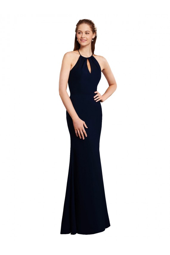 Blu marino scuro Stile sirena Capestro Chiffona Lunga Abiti da damigella donore Basso Prezzo