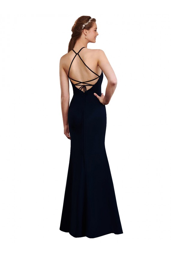 Blu marino scuro Stile sirena Capestro Chiffona Lunga Abiti da damigella donore Basso Prezzo
