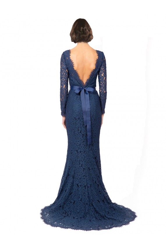 Blu marino scuro Stile sirena Collo Gioiello Sweep treno Pizzo Lunga Abiti da damigella donore Basso Prezzo