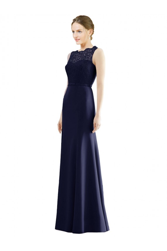 Blu marino scuro Stile sirena Illusione Chiffona Pizzo Lunga Abiti da damigella donore Basso Prezzo