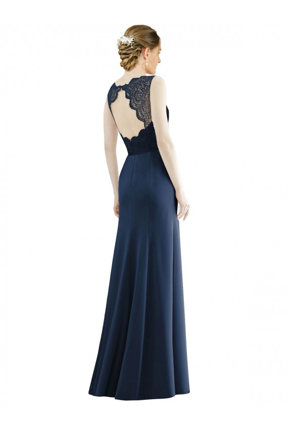 Blu marino scuro Stile sirena Illusione Chiffona Pizzo Lunga Abiti da damigella donore Basso Prezzo