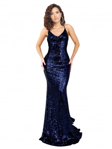 Blu marino scuro Stile sirena Scollatura a V Paillettes Lunga Formali Abiti da damigella donore / Abiti da sera / Abiti da ballo Basso Prezzo