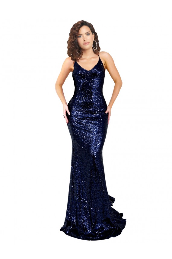 Blu marino scuro Stile sirena Scollatura a V Paillettes Lunga Formali Abiti da damigella donore / Abiti da sera / Abiti da ballo Basso Prezzo