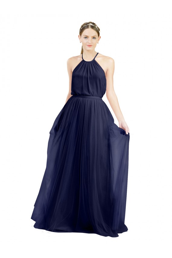Blu navy 21 Linea A Capestro Alto Collo Tulle Lunga Abiti da damigella donore Basso Prezzo