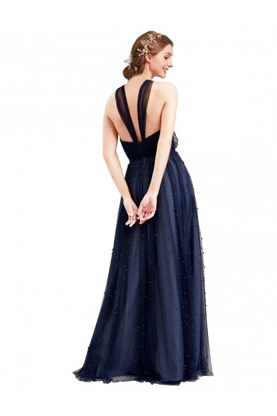 Blu navy 21 Linea A Capestro Tulle Lunga Abiti da damigella donore Basso Prezzo