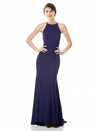 Blu navy Stile sirena Capestro Alto Collo Crespo Elastico Lunga Formali Abiti da damigella donore / Abiti da sera / Abiti da ballo Basso Prezzo