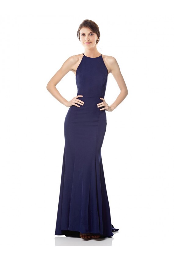 Blu navy Stile sirena Capestro Alto Collo Crespo Elastico Lunga Formali Abiti da damigella donore / Abiti da sera / Abiti da ballo Basso Prezzo