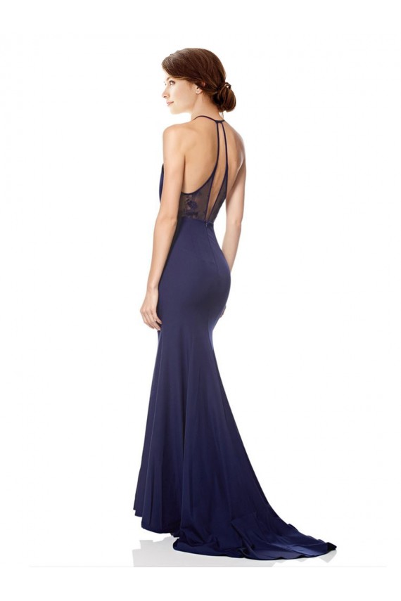 Blu navy Stile sirena Capestro Alto Collo Crespo Elastico Lunga Formali Abiti da damigella donore / Abiti da sera / Abiti da ballo Basso Prezzo