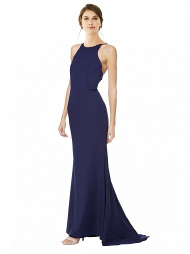 Blu navy Stile sirena Capestro Alto Collo Crespo Elastico Lunga Formali Abiti da damigella donore / Abiti da sera / Abiti da ballo Basso Prezzo