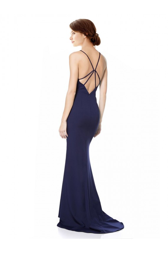 Blu navy Stile sirena Capestro Alto Collo Crespo Elastico Lunga Formali Abiti da damigella donore / Abiti da sera / Abiti da ballo Basso Prezzo