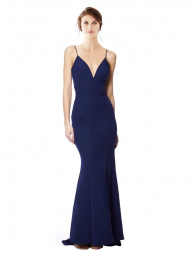 Blu navy Stile sirena Sottili Alto Collo Crespo Elastico Lunga Formali Abiti da damigella donore / Abiti da sera / Abiti da ballo Basso Prezzo