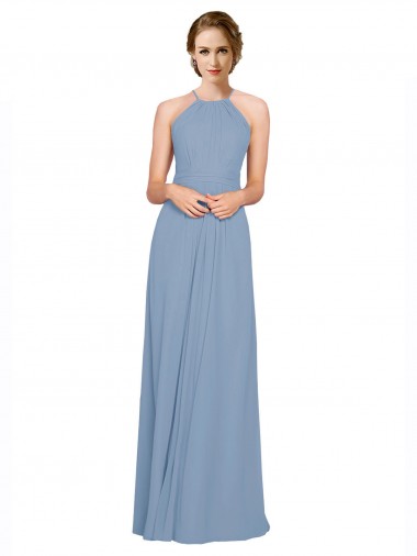 Blu polveroso Linea A Capestro Alto Collo Chiffona Lunga Abiti da damigella donore Basso Prezzo