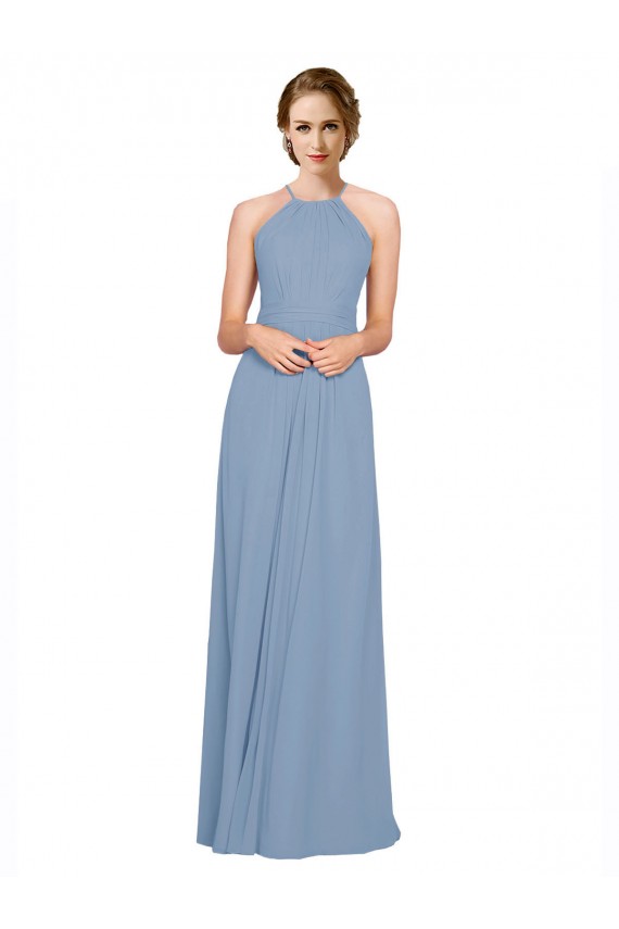 Blu polveroso Linea A Capestro Alto Collo Chiffona Lunga Abiti da damigella donore Basso Prezzo