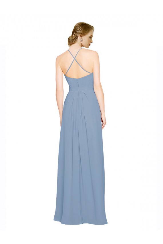 Blu polveroso Linea A Capestro Alto Collo Chiffona Lunga Abiti da damigella donore Basso Prezzo