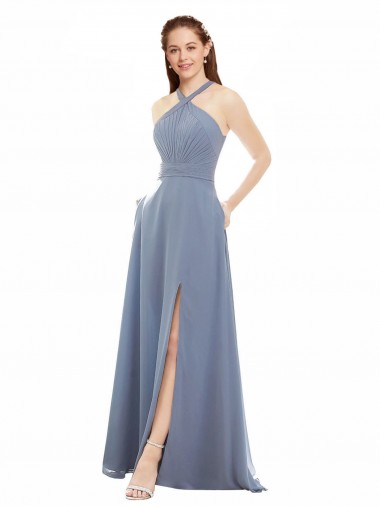 Blu polveroso Linea A Capestro Alto Collo Chiffona Lunga Abiti da damigella donore Basso Prezzo
