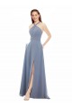 Blu polveroso Linea A Capestro Alto Collo Chiffona Lunga Abiti da damigella donore Basso Prezzo